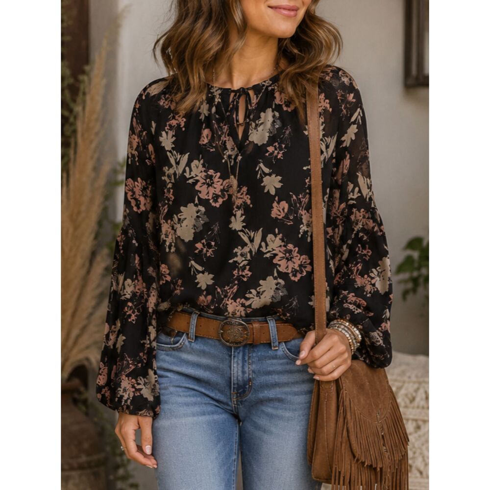 OPHELIA ROE Boho Black Floral SMALL Women's Sheer Long Sleeve Lined Blouse Shirt